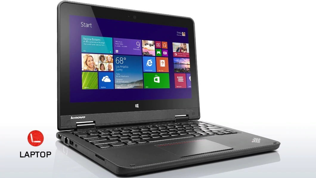 Lenovo ThinkPad Yoga 11e touchscreen laptop open in standard mode, featuring 4GB RAM, 128GB SSD, and a compact design for portability.