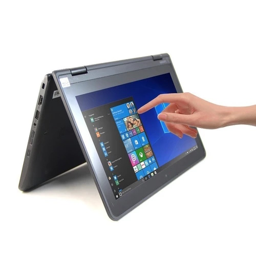Lenovo Yoga 11e Touchscreen laptop in tent mode with Windows interface, 4GB RAM, 128GB SSD, ideal for students and travel use.