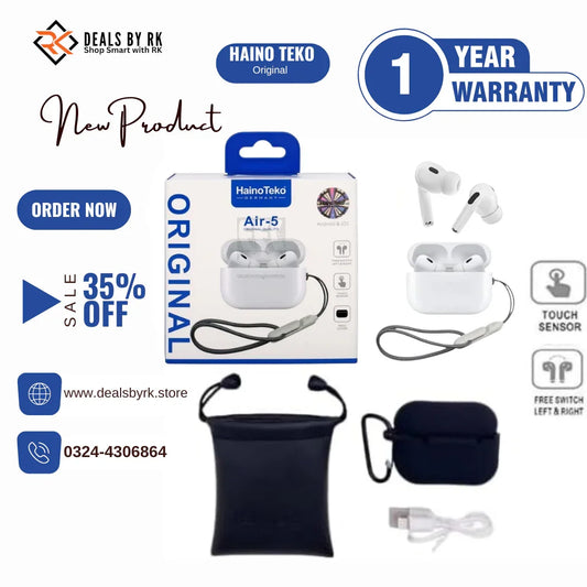 Haino Teko Air 5 Wireless Earbuds - Noise Cancelling, Touch Sensor, Bluetooth 5.0, Free Silicon Cover with Hook, Premium Quality Guaranteed - Deals By RK